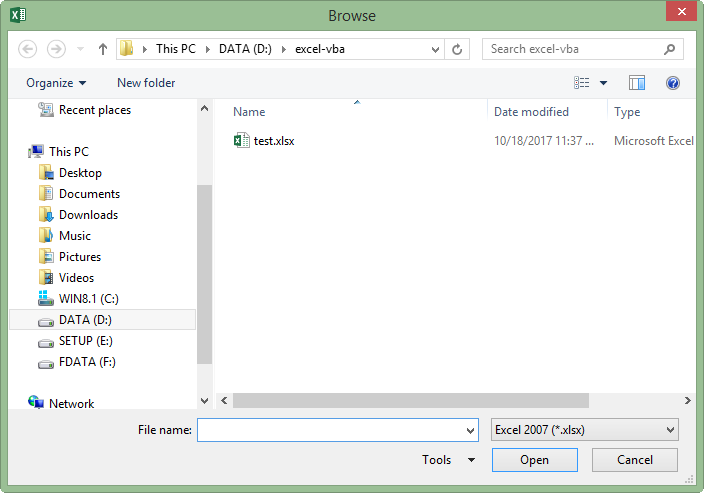Show dialog to choose file in excel vba