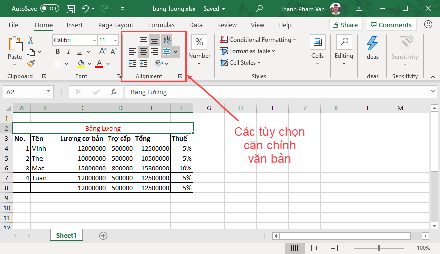 Căn chỉnh văn bản trong Excel