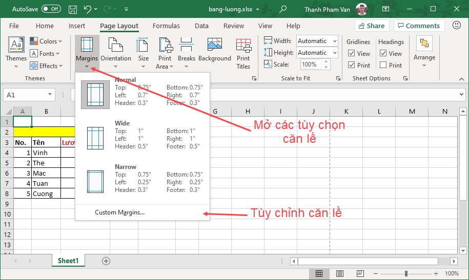 Căn lề (margin) trong Excel