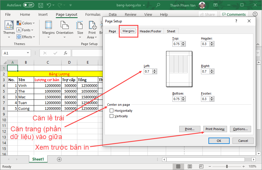 Căn lề (margin) trong Excel