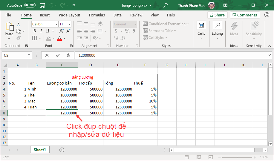 Chèn dữ liệu trong Excel