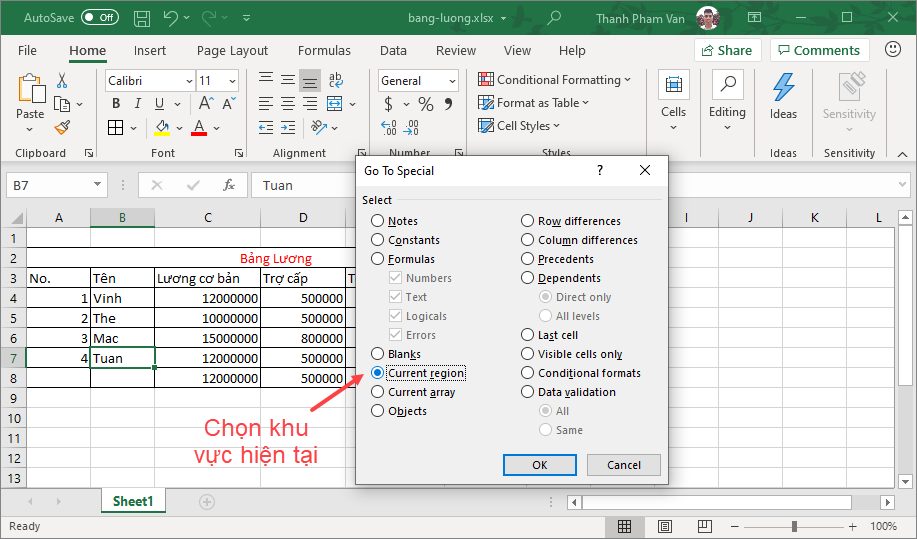 Chọn dữ liệu trong Excel