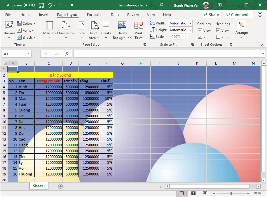 Đặt hình nền (Background) trong Excel