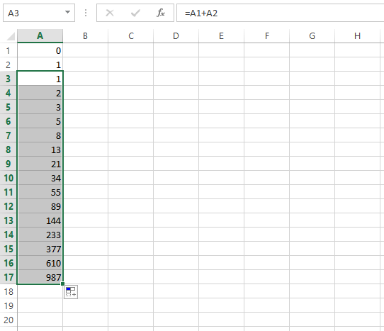 Dãy số Fibonacci trong Excel