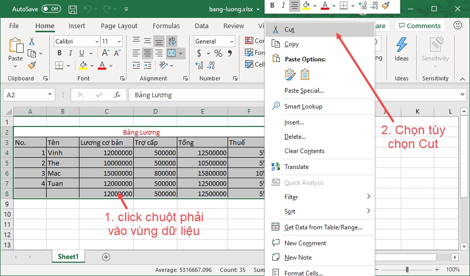 Di chuyển dữ liệu trong Excel 