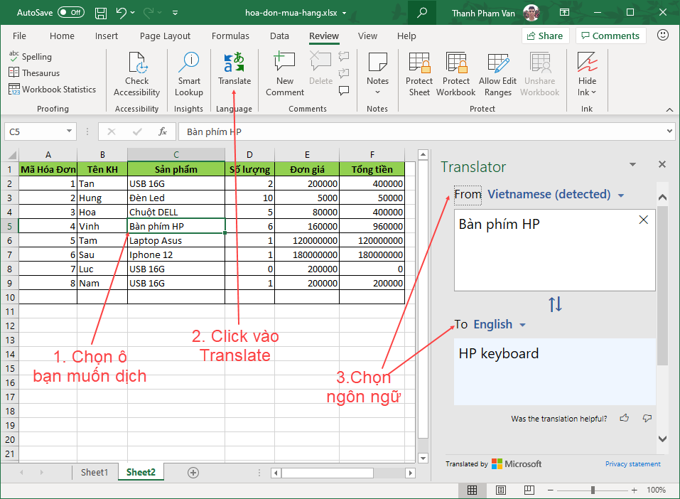 Dịch trang tính trong Excel