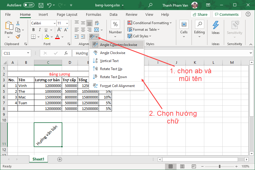 Định hướng văn bản trong Excel