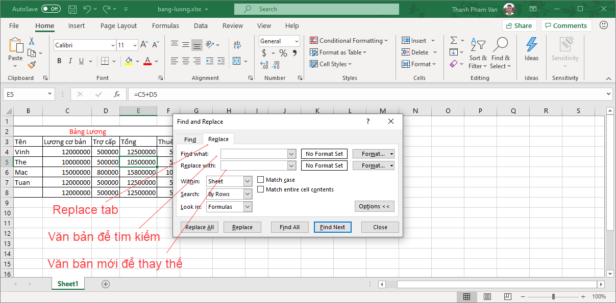 Find/Replace trong Excel - Tìm và thay thế trong Excel