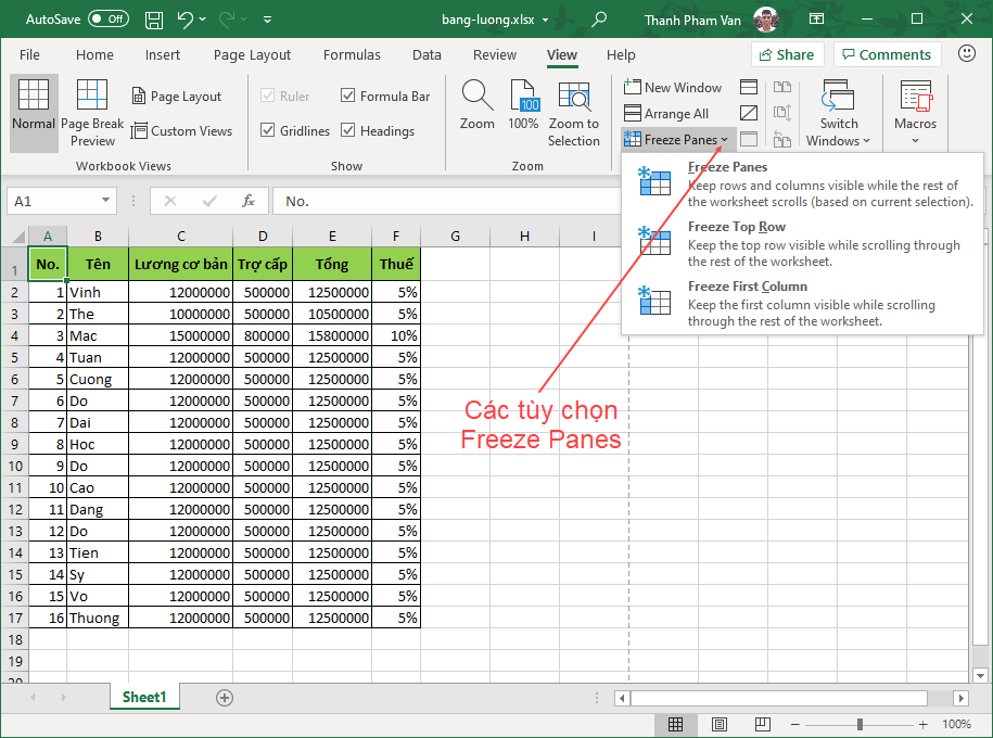 Freeze Panes - Cố định tiêu đề hàng hoặc cột trong Excel