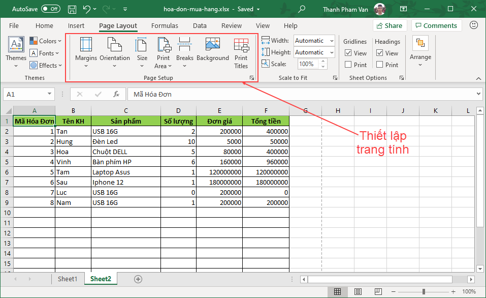 In trang tính trong Excel