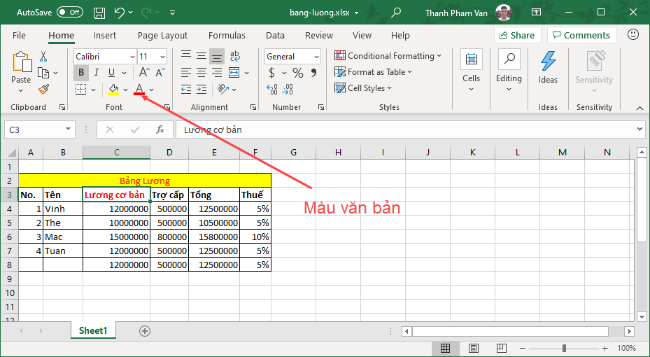 Màu văn bản và màu nền (background) trong Excel