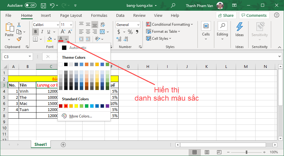 Màu văn bản và màu nền (background) trong Excel