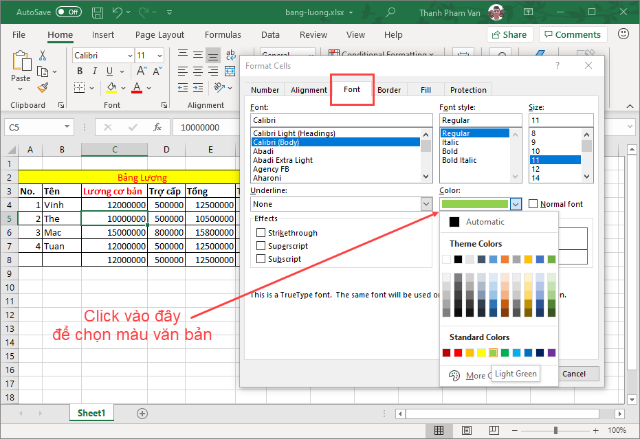 Màu văn bản và màu nền (background) trong Excel