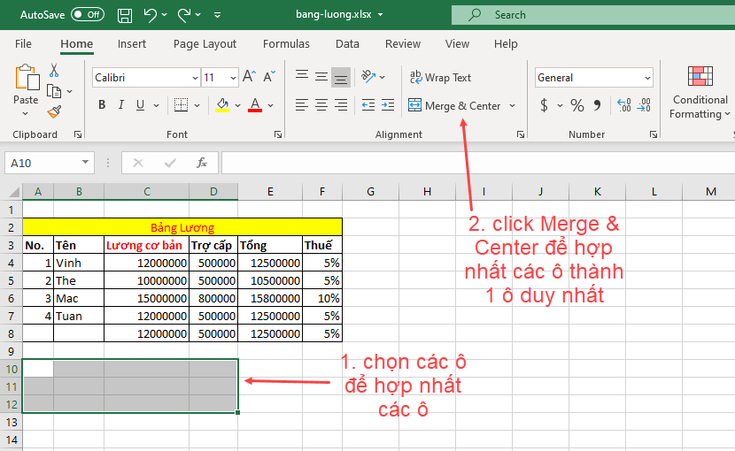 Merge & Wrap trong Excel