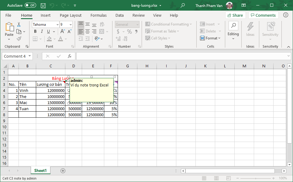 Chèn ghi chú (note) trong Excel
