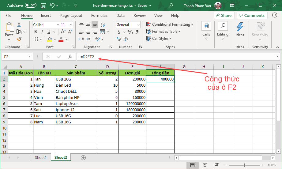 Sao chép (Copy) công thức trong Excel