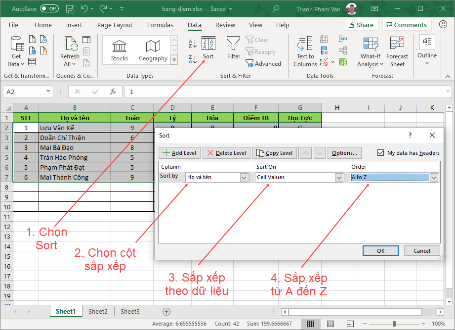 Sắp xếp dữ liệu trong Excel