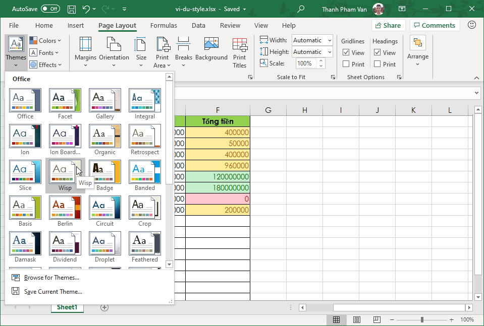 Sử dụng chủ đề (theme) trong Excel