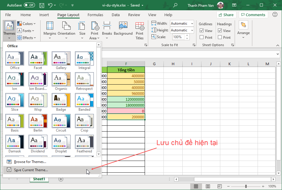 Sử dụng chủ đề (theme) trong Excel