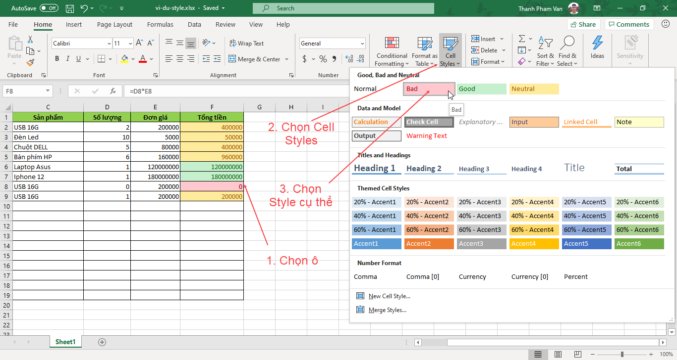 Sử dụng Style trong Excel