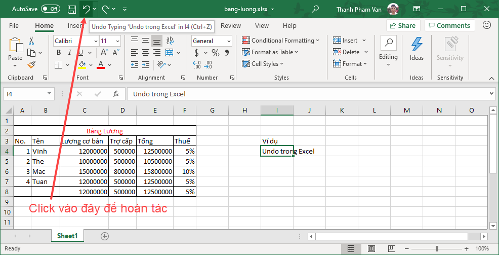 Undo & Redo - Hoàn tác các thay đổi trong Excel