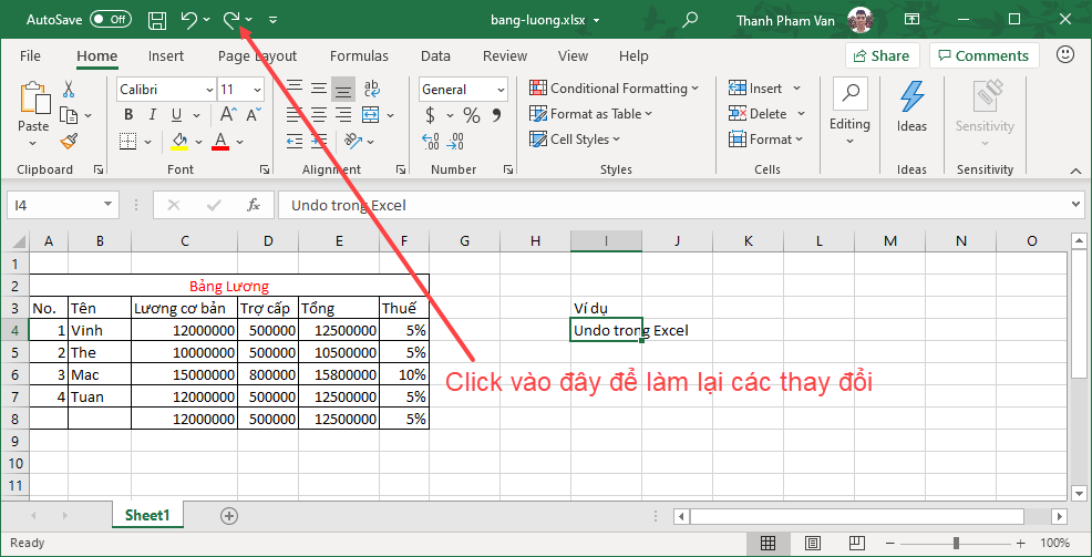 Undo & Redo - Hoàn tác các thay đổi trong Excel